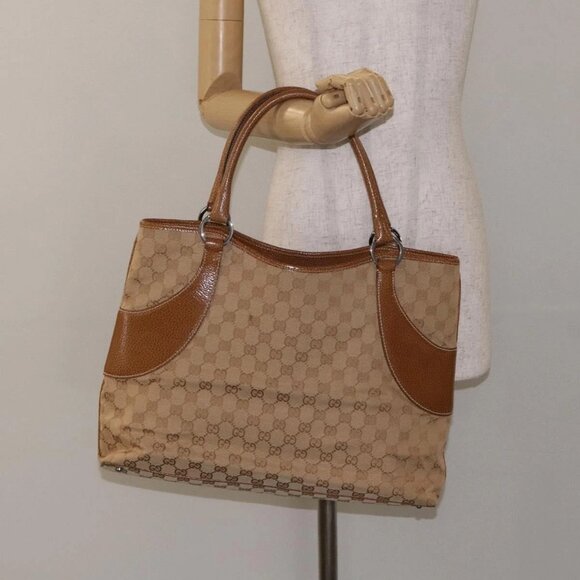 GUCCI GG Canvas Tote Bag Beige Silver 113016 Auth - Picture 1 of 14